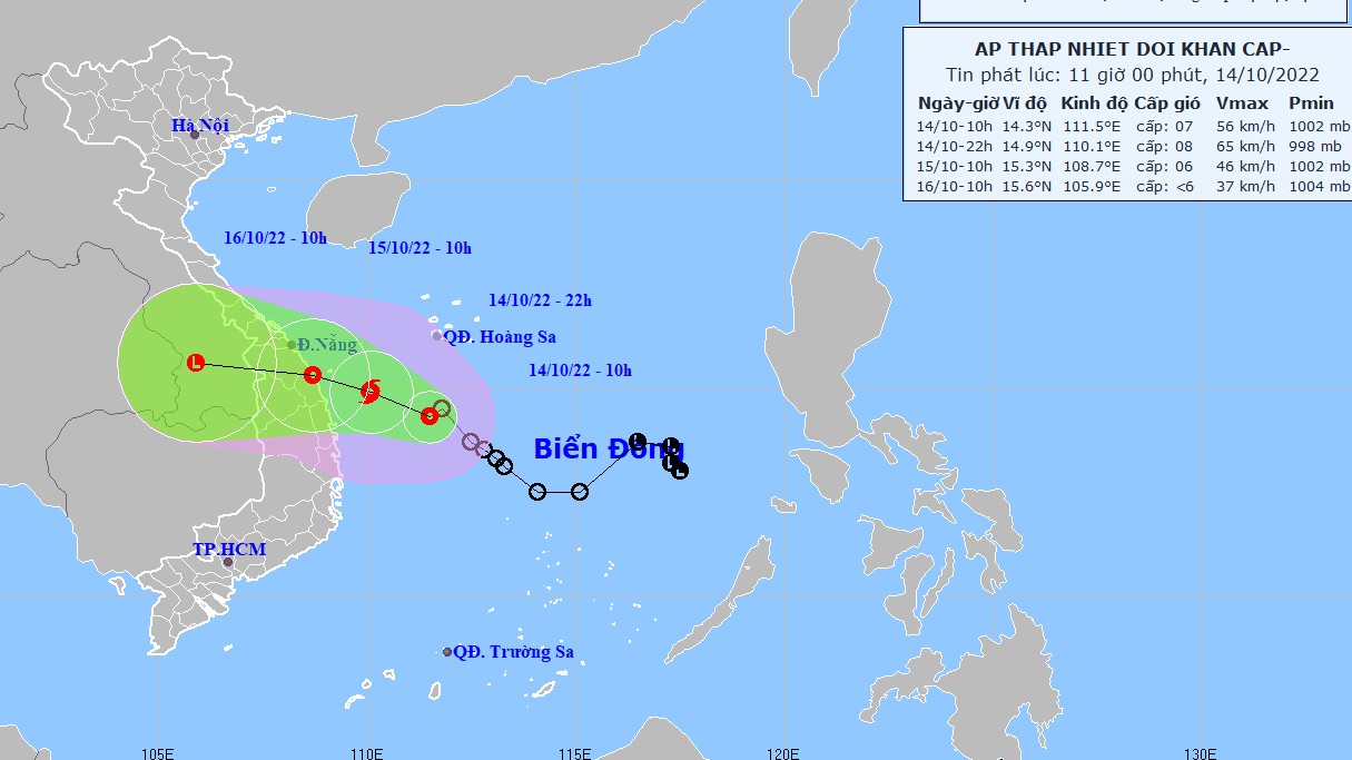 Dự báo: Đêm 14/10 áp thấp nhiệt đới có thể mạnh thành bão; ven biển Thừa Thiên-Huế đến Bình Định gió giật cấp 8-9