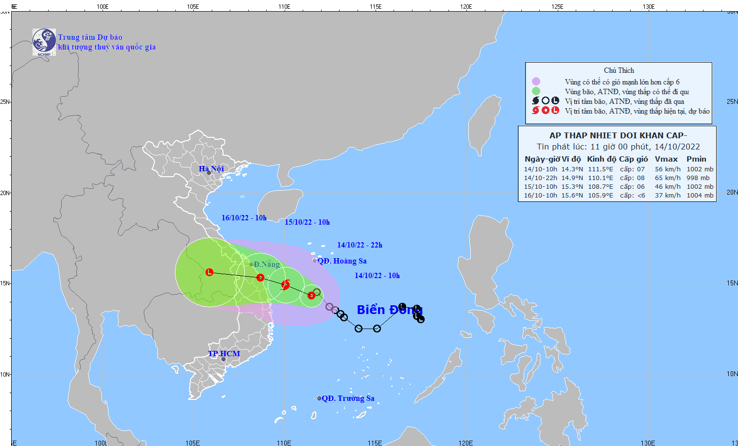 Dự báo: Đêm 14/10 áp thấp nhiệt đới sẽ mạnh lên thành bão; ven biển Thừa Thiên-Huế đến Bình Định gió giật cấp 8-9
