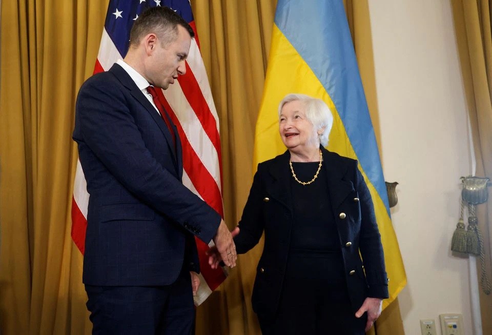 Bộ trưởng Tài chính Mỹ Janet Yellen và Bộ trưởng Tài chính Ukraine Serhiy Marchenko trong cuộc họp song phương tại Washington, Mỹ, ngày 11/10. (Nguồn Reuters)