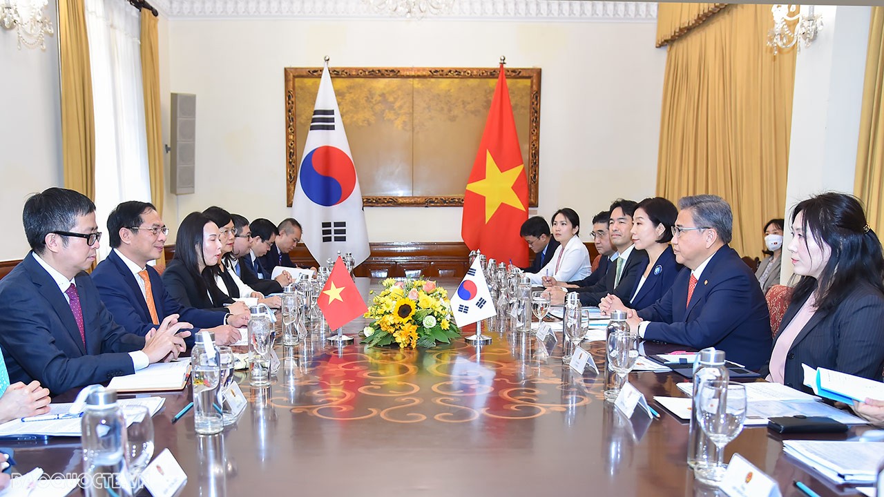 Sáng ngày 18/10, tại Trụ sở Bộ, Bộ trưởng Ngoại giao Bùi Thanh Sơn đã đón và hội đàm với Bộ trưởng Ngoại giao Hàn Quốc Park Jin. (Ảnh: Tuấn Anh)