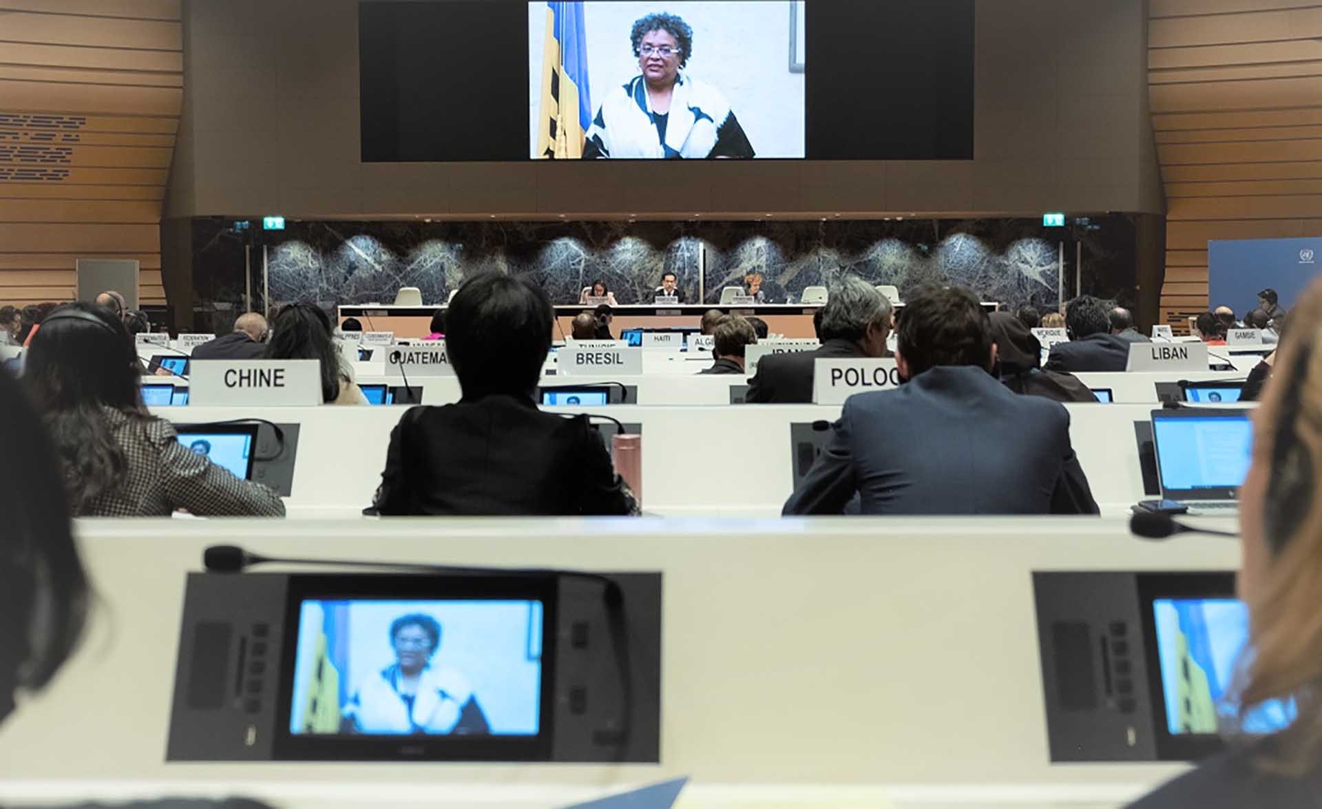 Bà Mia Mottley Thủ tướng Barbados, nước Chủ tịch UNCTAD phát biểu tại Phiên họp ngày 21/10.