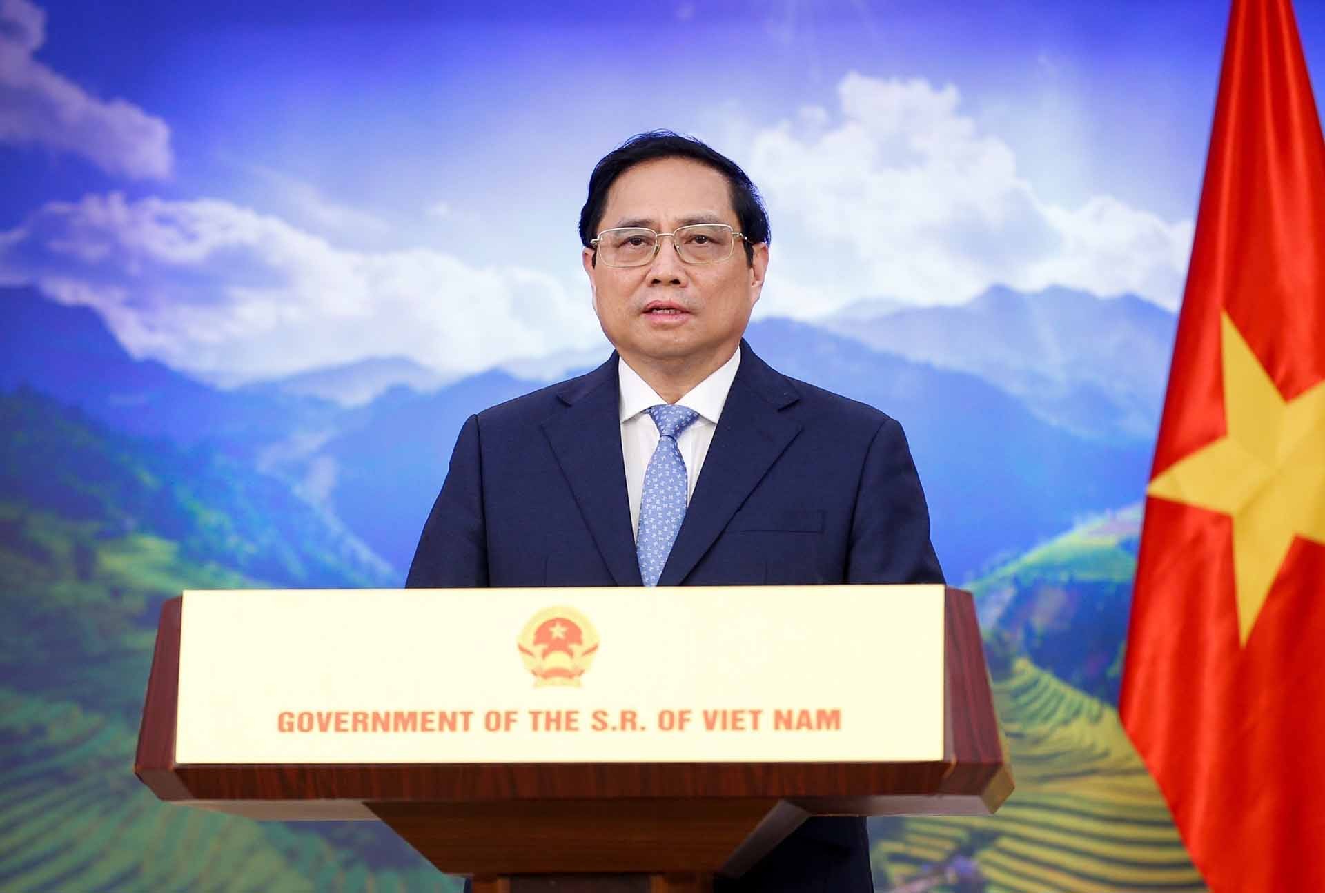 Thủ tướng Phạm Minh Chính phát biểu ghi hình tại Hội nghị thượng đỉnh Sinh học thế giới. (Nguồn: TTXVN)