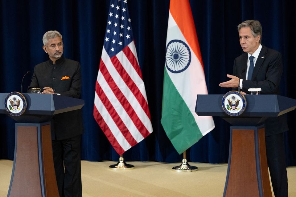 Ngoại trưởng Mỹ Antony Blinken và Ngoại trưởng Ấn Độ Subrahmanyam Jaishankar tham gia một cuộc họp báo tại Bộ Ngoại giao Mỹ ở Washington ngày 27/9/2022. (Nguồn: Reuters)