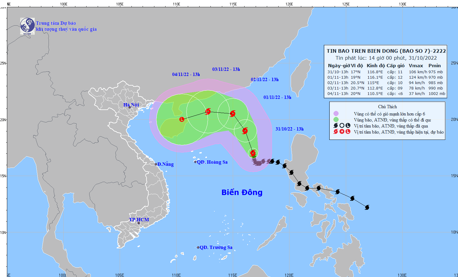 Dự báo diễn biến báo số 7: Phía Đông của Bắc Biển Đông biển động dữ dội; vùng gần tâm bão gió giật cấp 14