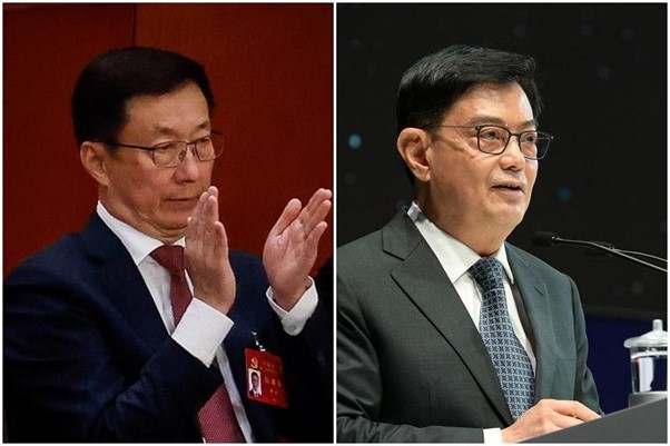 Phó Thủ tướng Trung Quốc Hàn Chính và người đồng cấp Singapore Heng Swee Keat. (Nguồn: EPA-EFE)