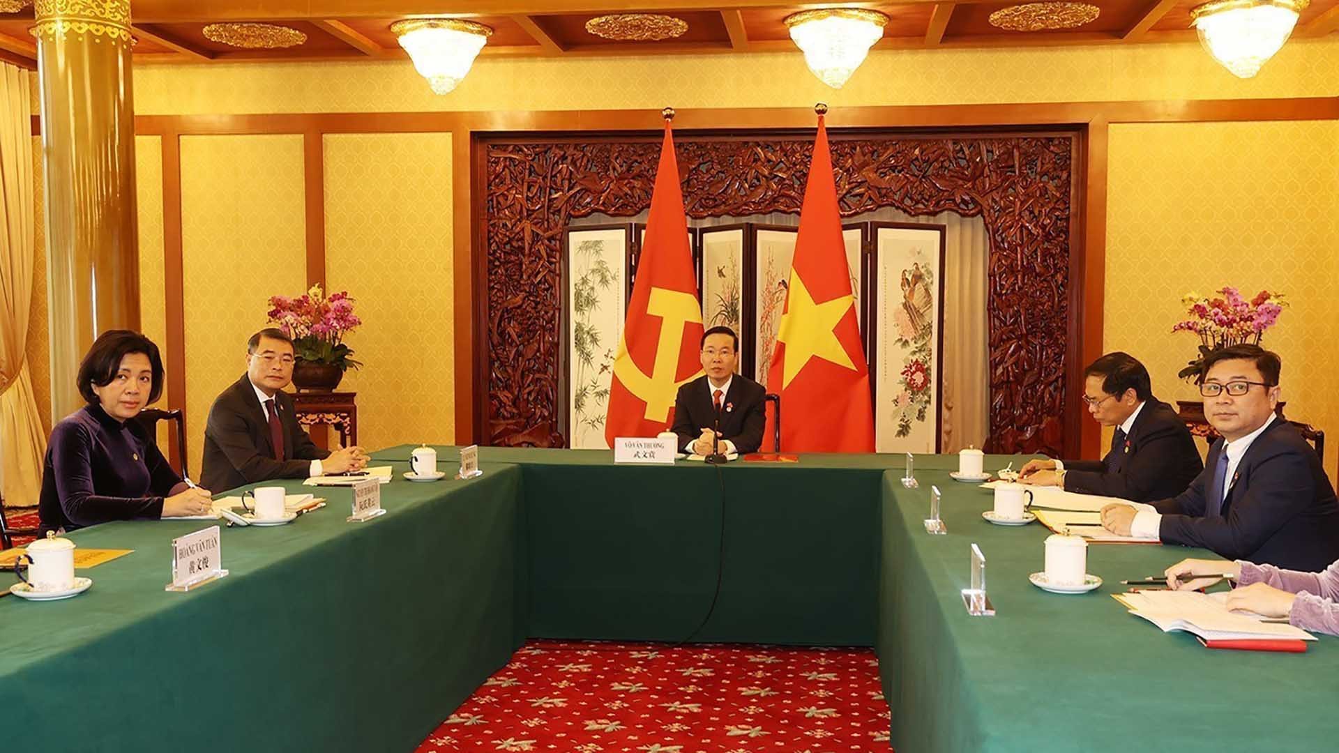 Thường trực Ban Bí thư Võ Văn Thưởng hội đàm với Ủy viên Thường vụ Bộ Chính trị Đảng Cộng sản Trung Quốc Thái Kỳ. (Nguồn: TTXVN)
