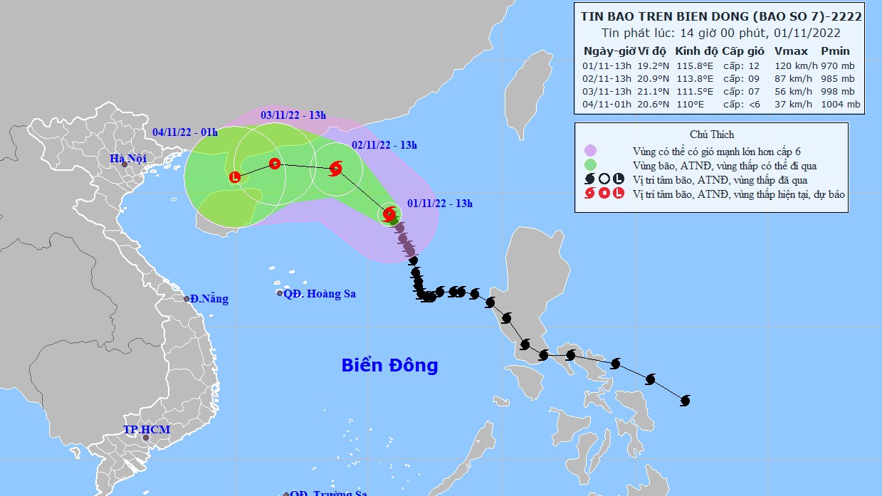 Dự báo: Bão số 7 cách quần đảo Hoàng Sa khoảng 550km, gió mạnh cấp 6-7, giật cấp 8-9