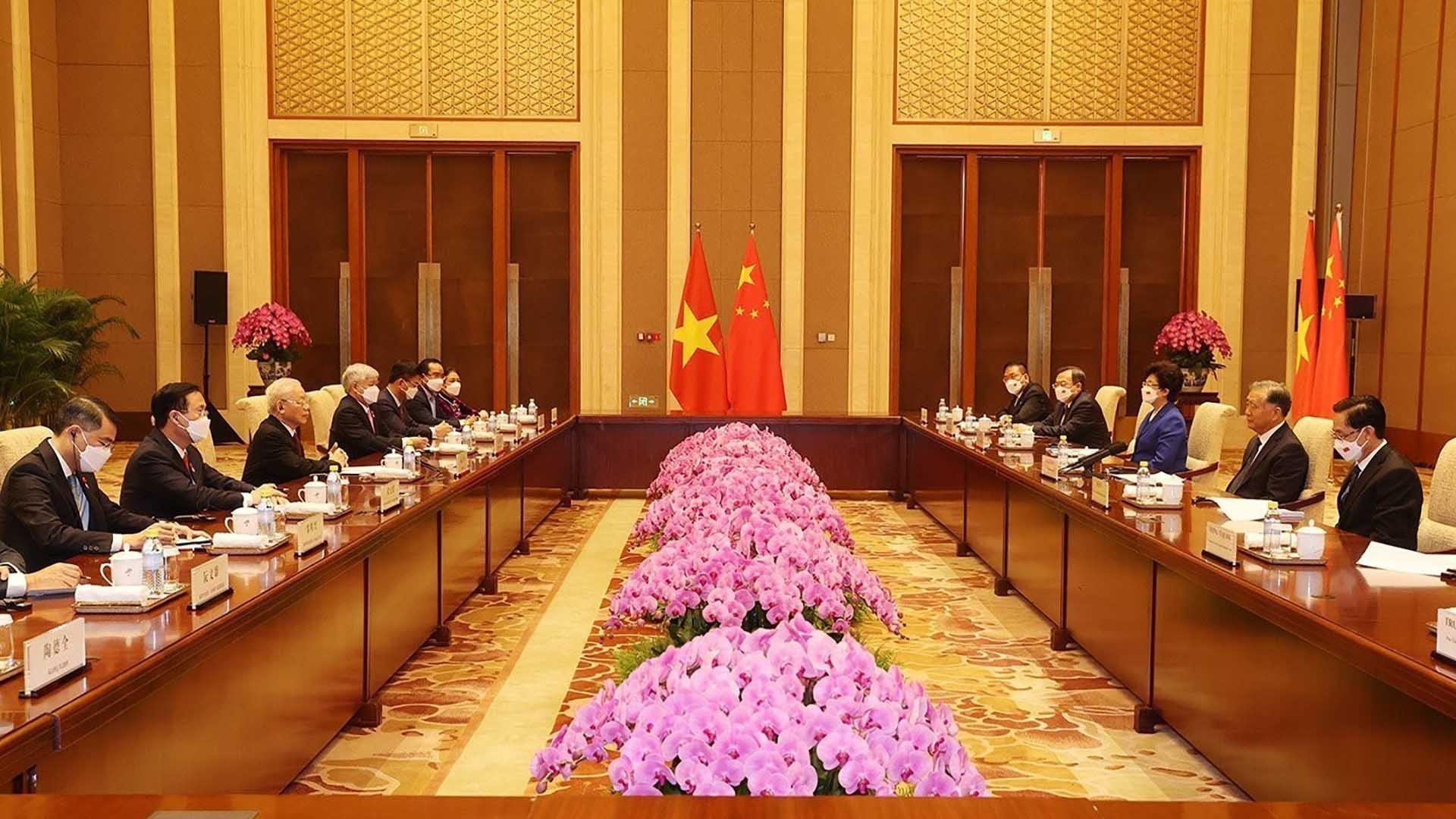 Tổng Bí thư Nguyễn Phú Trọng hội kiến Chủ tịch Chính hiệp toàn quốc Trung Quốc Uông Dương. (Nguồn: TTXVN)