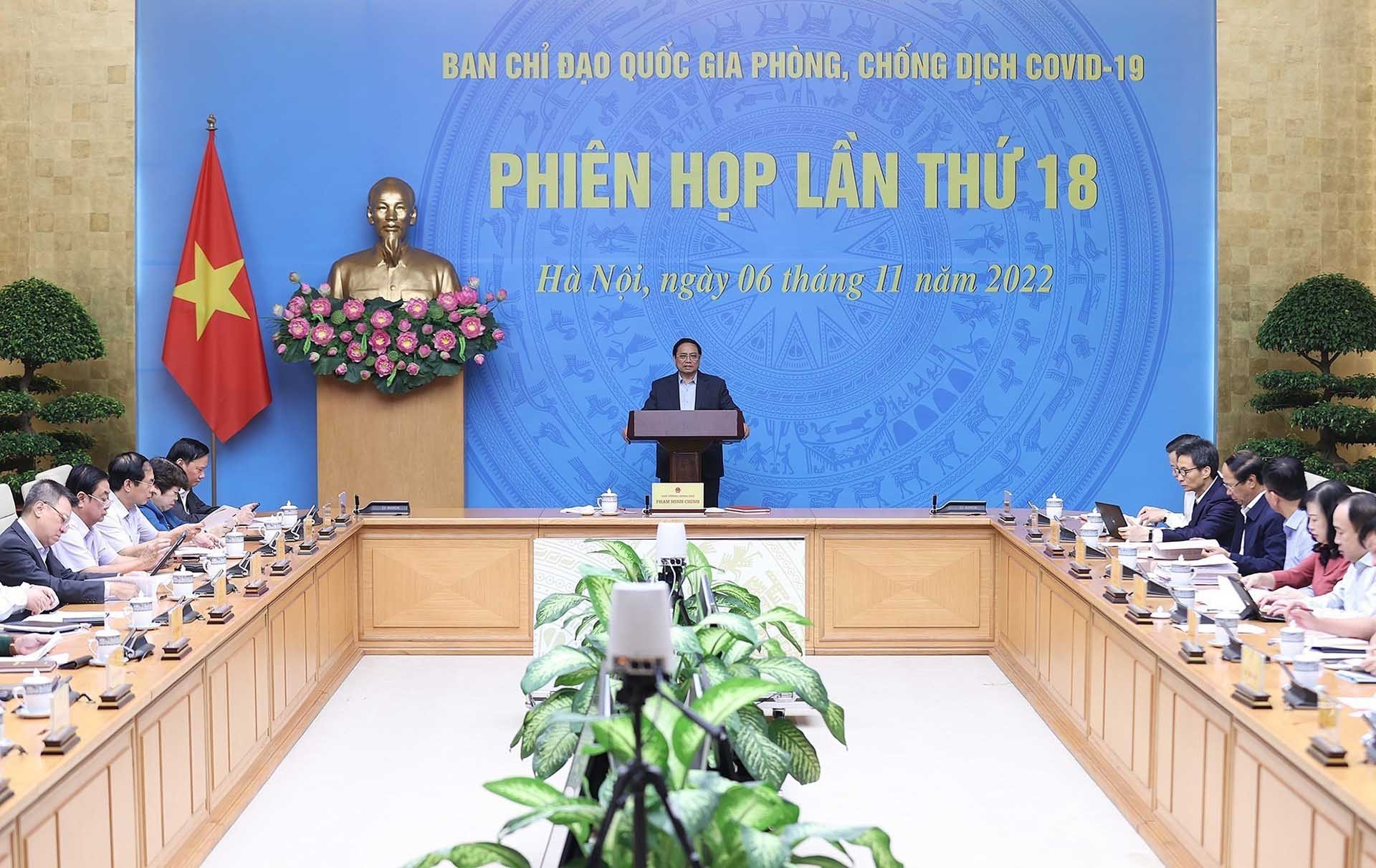 Thủ tướng Phạm Minh Chính chủ trì Phiên họp thứ 18 Ban Chỉ đạo Quốc gia phòng, chống dịch Covid-19. (Nguồn: TTXVN)