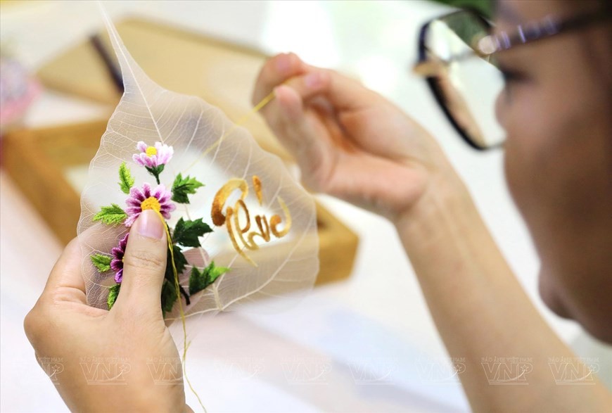 Embroidery on Bodhi leaves