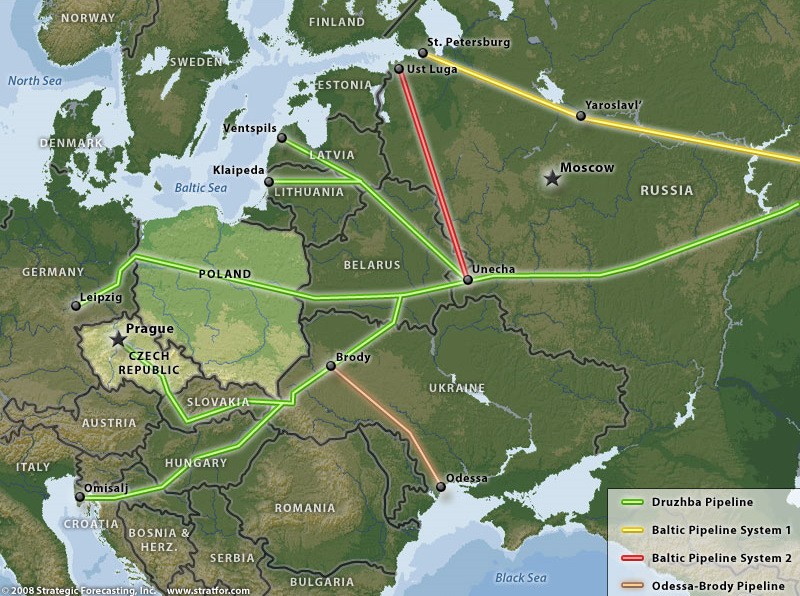 Vị trí đường ống dẫn dầu Druzhba (màu xanh lá). Đồ họa: Aspenia Online.