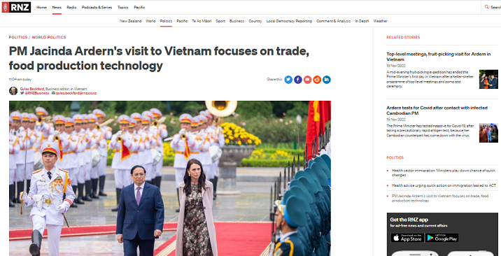 Báo New Zealand ca ngợi các kết quả về thương mại, nông nghiệp trong chuyến thăm Việt Nam của Thủ tướng Jacinda Ardern