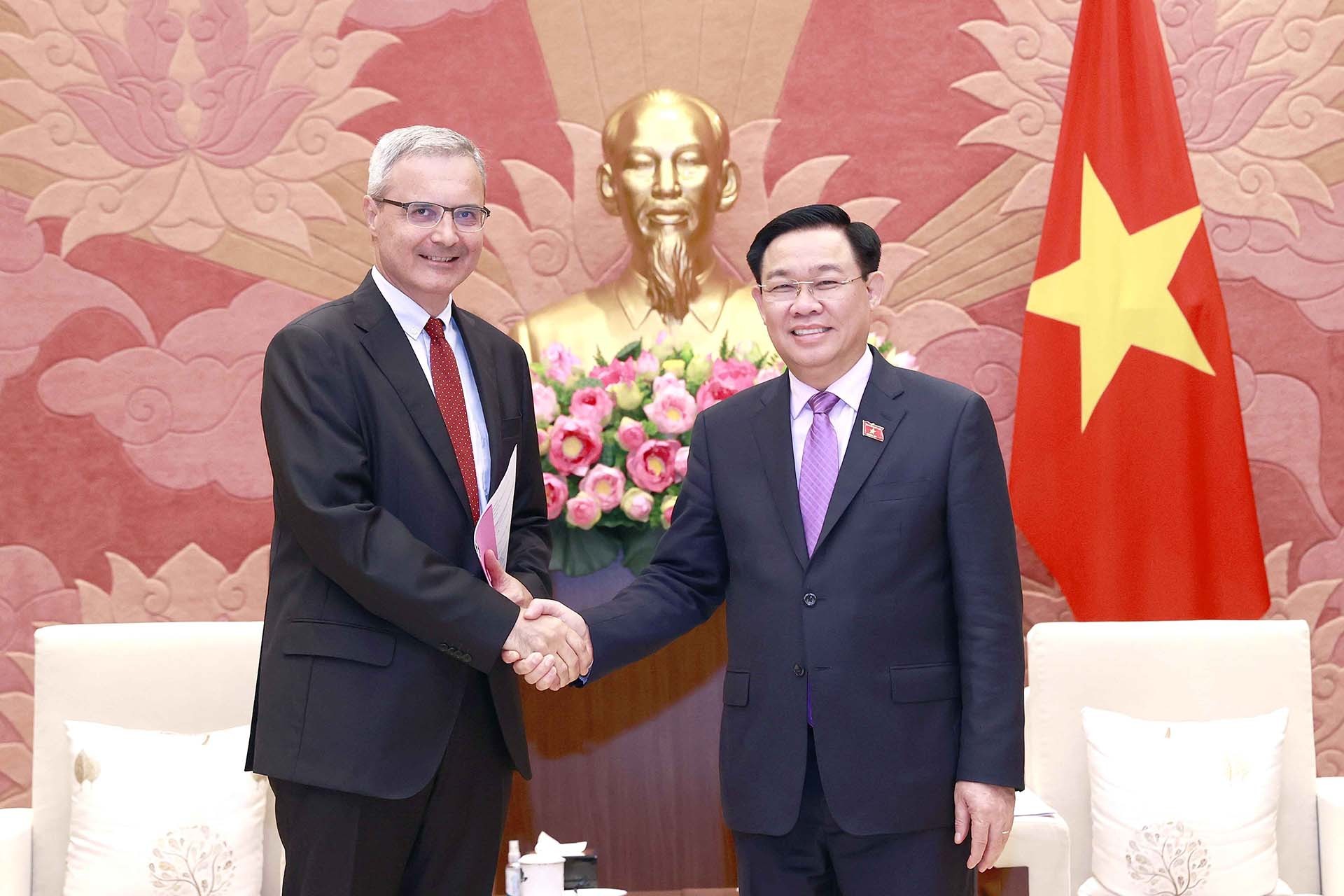 Chủ tịch Quốc hội Vương Đình Huệ tiếp Đại sứ Cộng hòa Pháp tại Việt Nam Nicolas Warnery. (Nguồn: TTXVN)