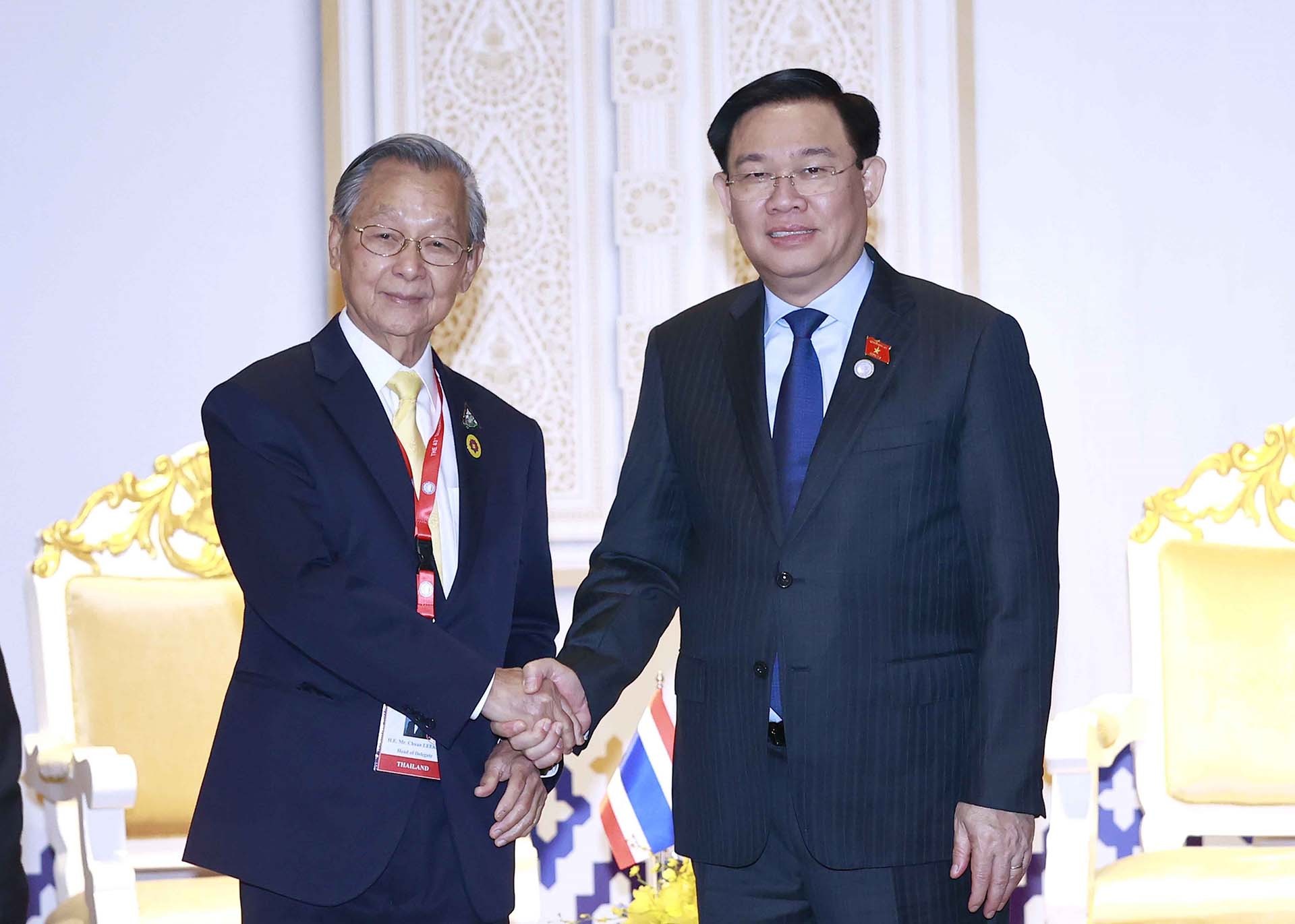 Chủ tịch Quốc hội Vương Đình Huệ gặp Chủ tịch Hạ viện Thái Lan Chuan Leekpai. (Nguồn: TTXVN)