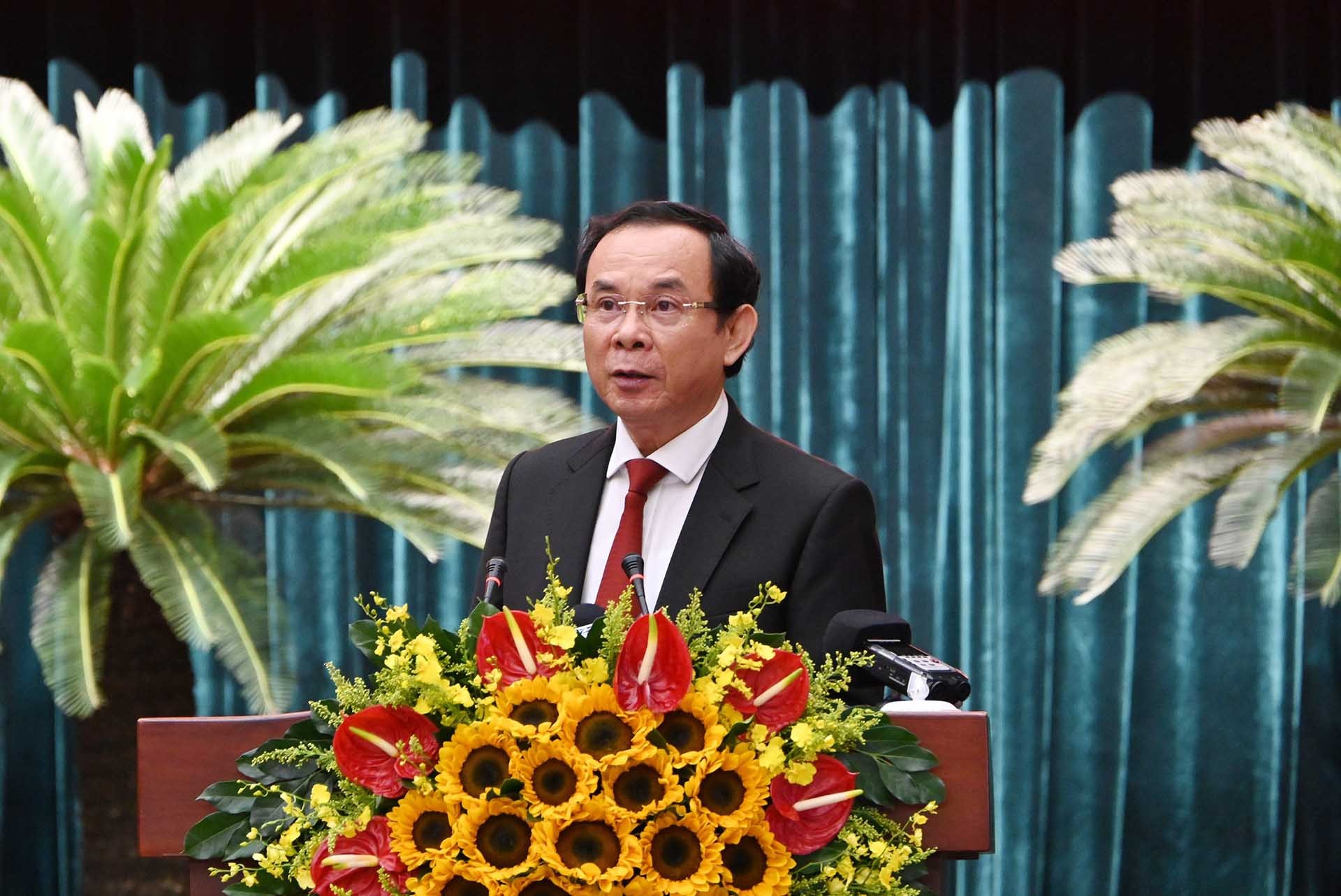 Đồng chí Nguyễn Văn Nên, Ủy viên Bộ Chính trính trị, Bí thư Thành ủy thành phố Hồ Chí Minh, phát biểu tại Hội thảo. (Nguồn: TTXVN)