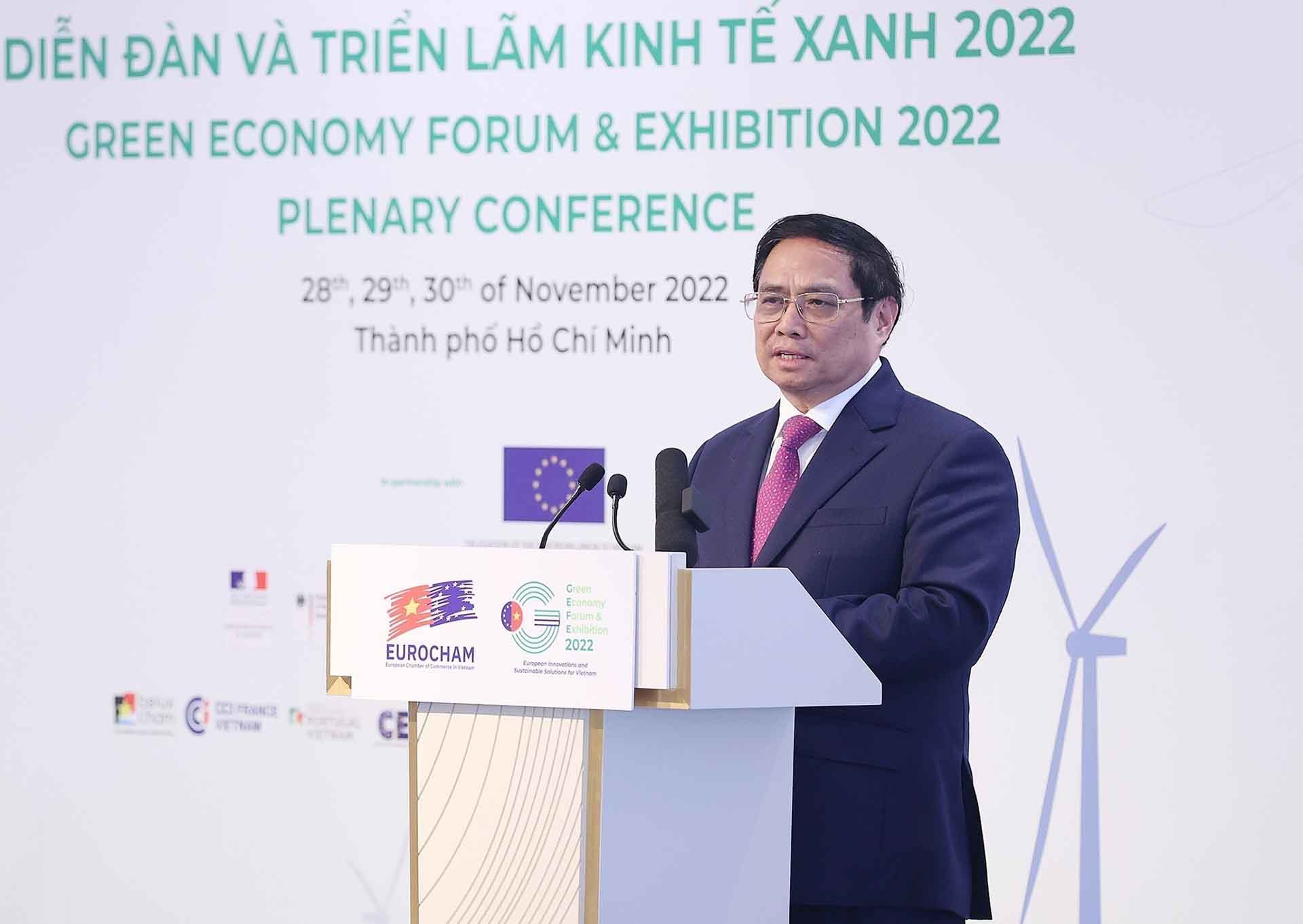 Thủ tướng Phạm Minh Chính phát biểu tại Diễn đàn và Triển lãm Kinh tế xanh GEFE 2022. (Nguồn: TTXVN)