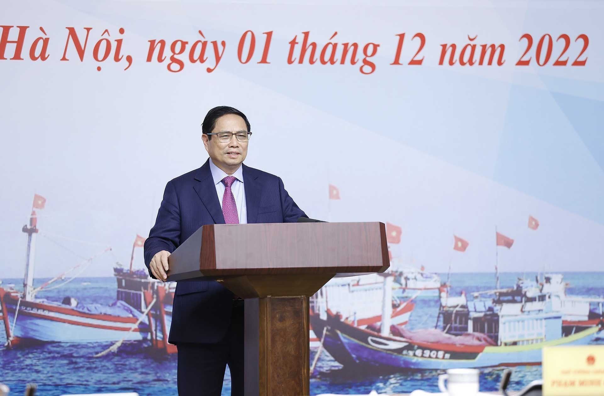Thủ tướng Phạm Minh Chính chủ trì Hội nghị về phòng, chống khai thác hải sản bất hợp pháp. (Nguồn: TTXVN)