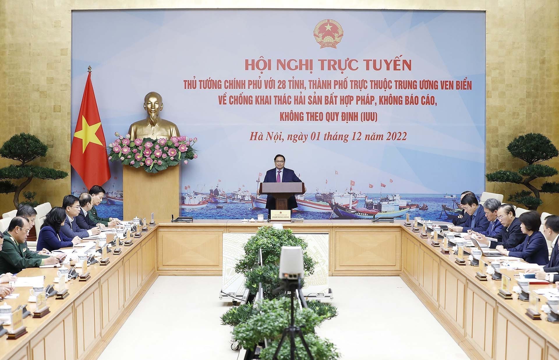 Thủ tướng Phạm Minh Chính chủ trì Hội nghị về phòng, chống khai thác hải sản bất hợp pháp. (Nguồn: TTXVN)