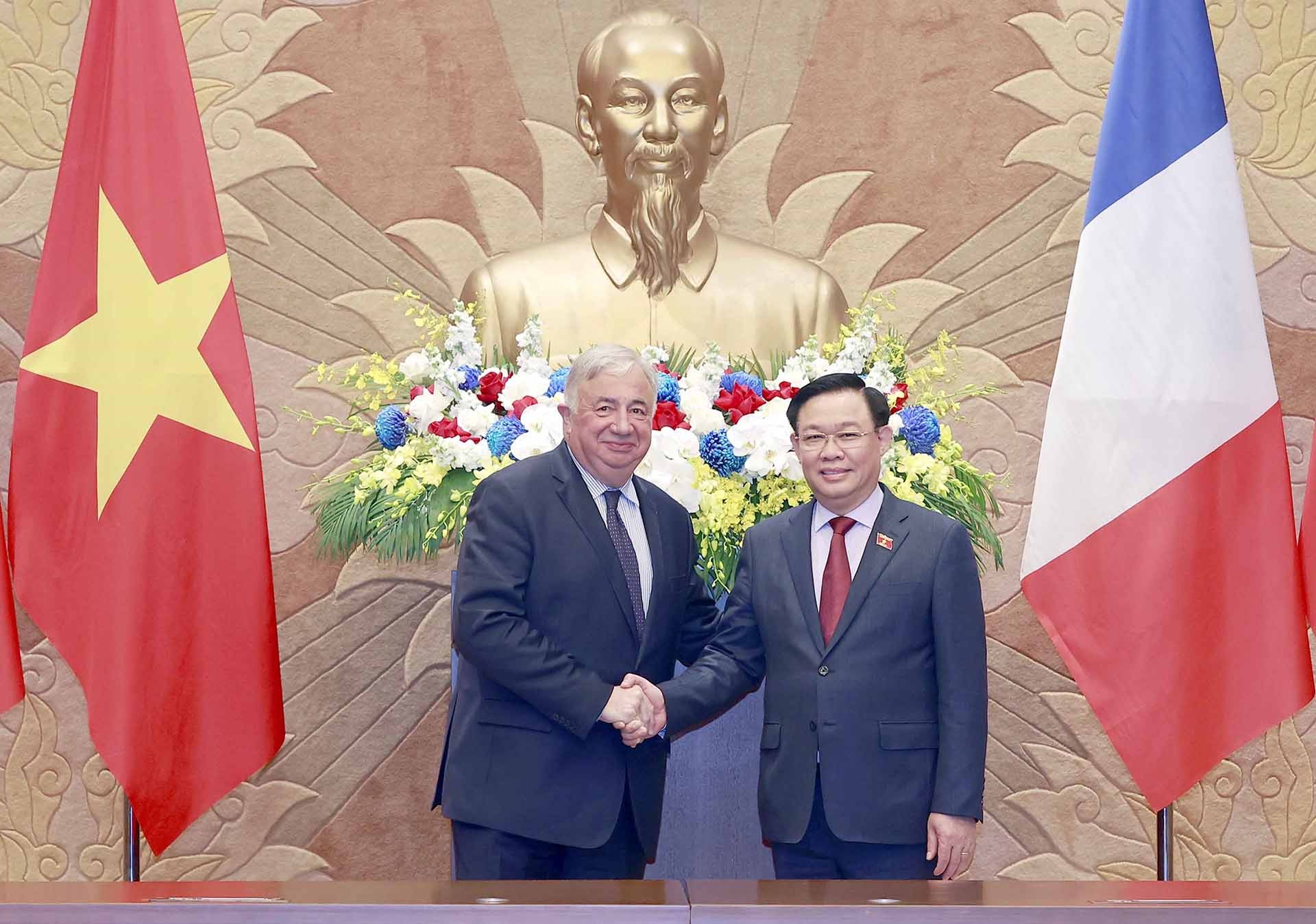 Chủ tịch Quốc hội Vương Đình Huệ và Chủ tịch Thượng viện Cộng hòa Pháp Gérard Larcher. (Nguồn: TTXVN)