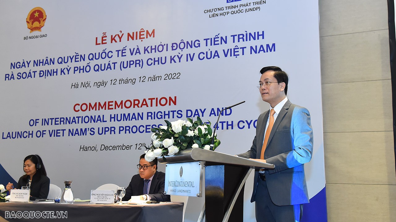 Thứ trưởng Ngoại giao Hà Kim Ngọc phát biểu tại Lễ kỷ niệm  ngày Nhân quyền quốc tế và khởi động tiến trình UPR chu kỳ IV. (Ảnh: Anh Sơn)