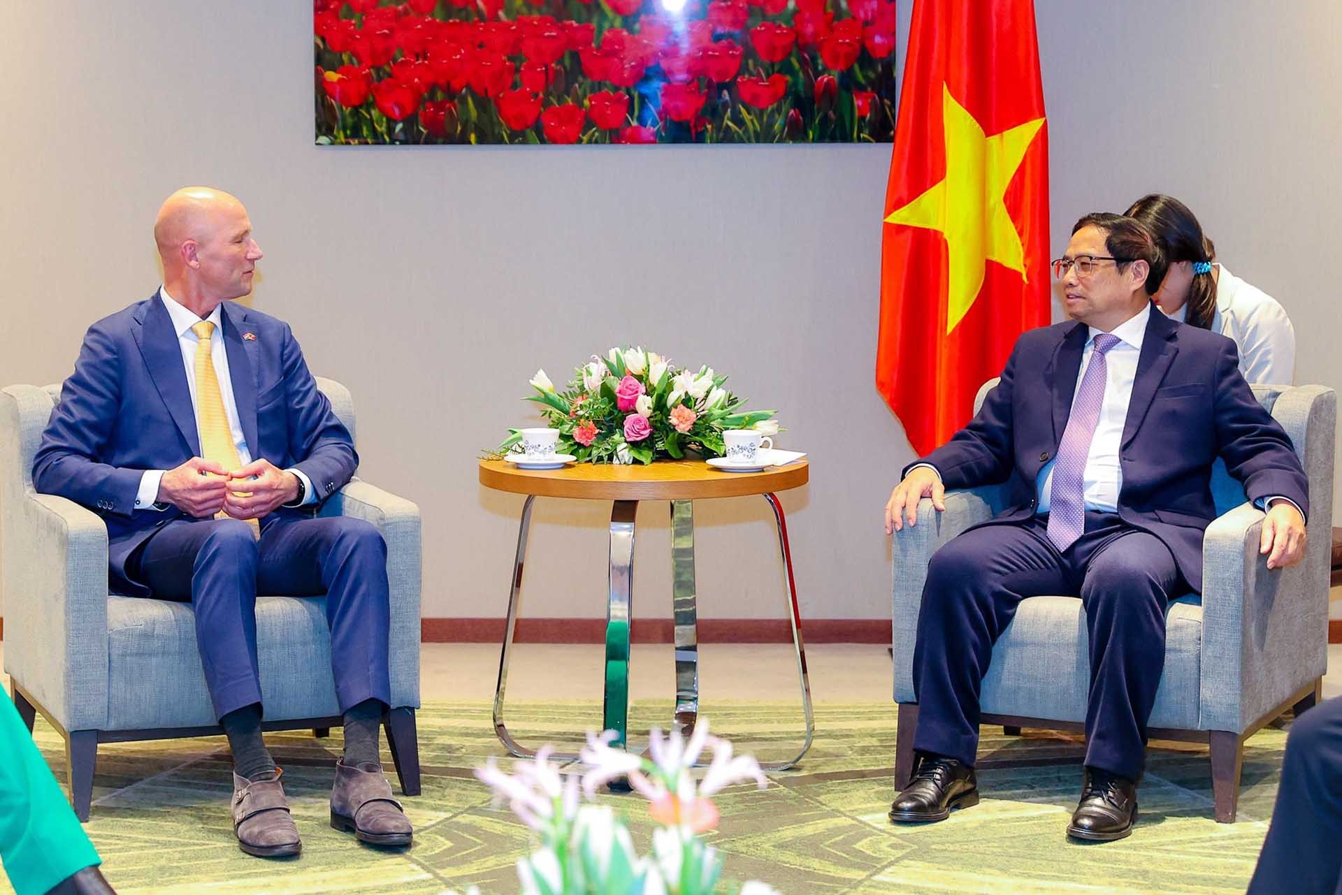 Thủ tướng Phạm Minh Chính tiếp ông Joost Vrancken Peeters, Chủ tịch Hiệp hội doanh nghiệp Hà Lan tại Việt Nam và lãnh đạo Phòng Thương mại Hà Lan-Việt Nam. (Nguồn: VGP)