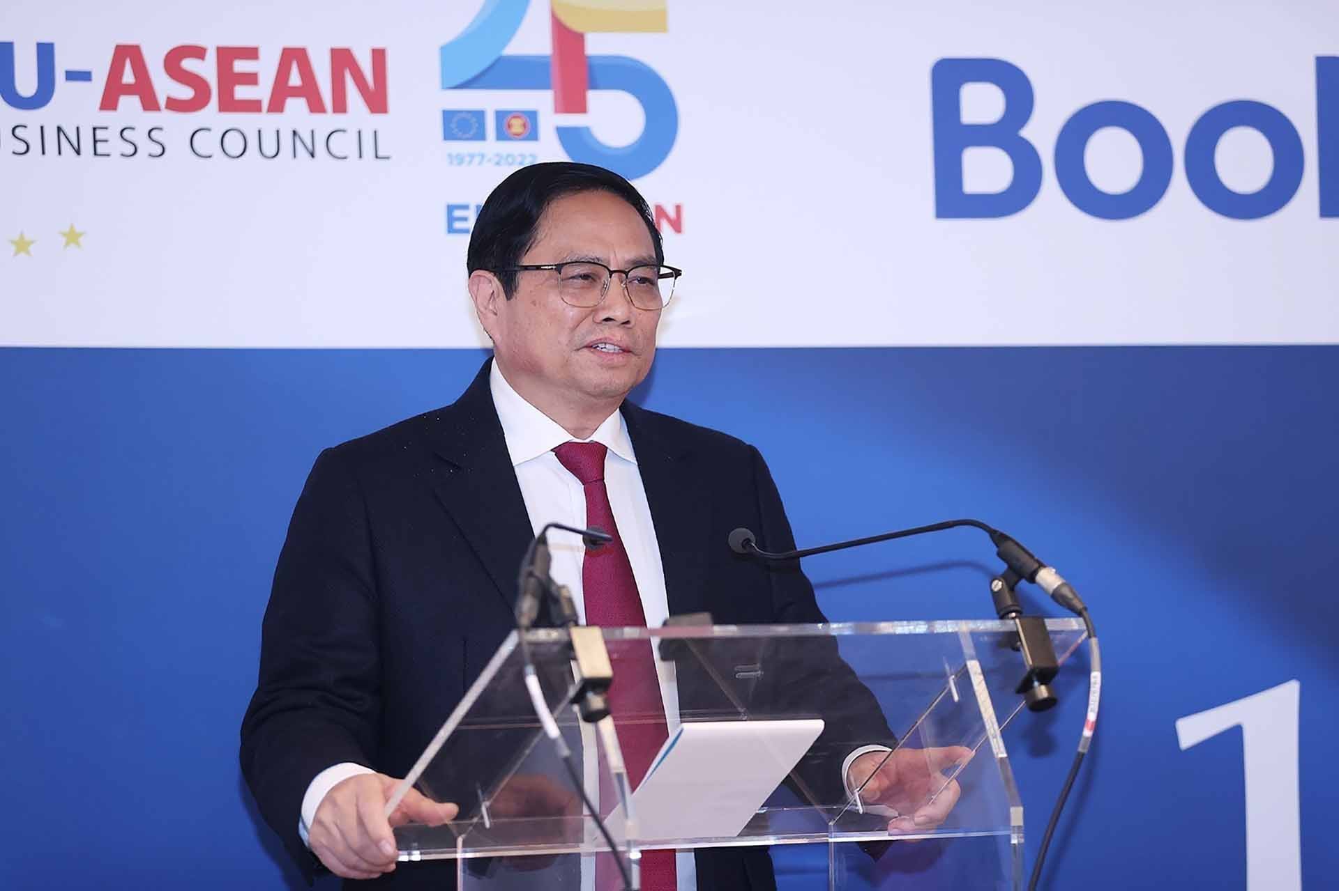 Thủ tướng Phạm Minh Chính phát biểu Hội nghị Thượng đỉnh kinh doanh ASEAN-EU lần thứ 10. (Nguồn: TTXVN)
