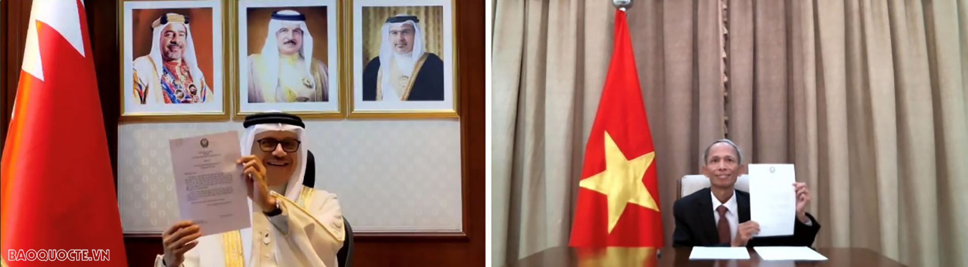 Đại sứ Đặng Xuân Dũng trình bản sao Thư ủy nhiệm lên Bộ trưởng Ngoại giao Vương quốc Bahrain Abdullatif bin Rashid Al Zayani theo hình thức trực tuyến.
