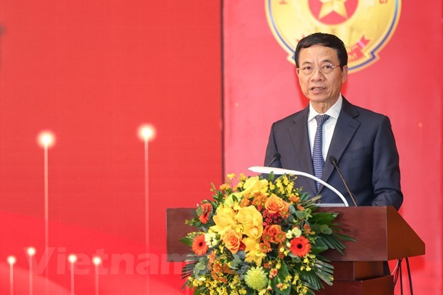 Bộ trưởng Bộ Thông tin và Truyền thông Nguyễn Mạnh Hùng phát biểu tại Hội nghị. (Ảnh: Minh Sơn/Vietnam+)
