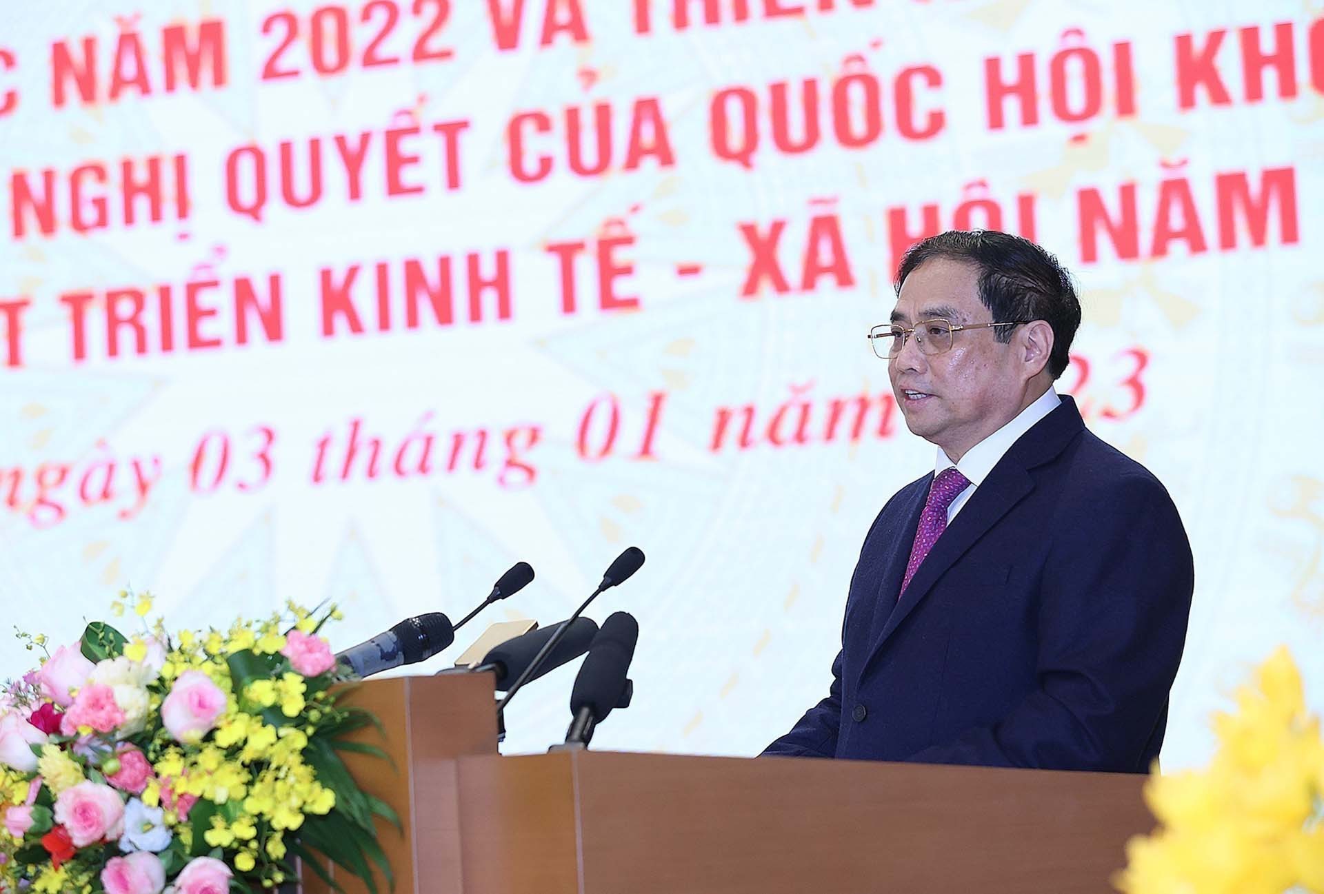 Thủ tướng Phạm Minh Chính phát biểu khai mạc hội nghị triển khai kế hoạch phát triển kinh tế-xã hội năm 2023. (Nguồn: TTXVN)