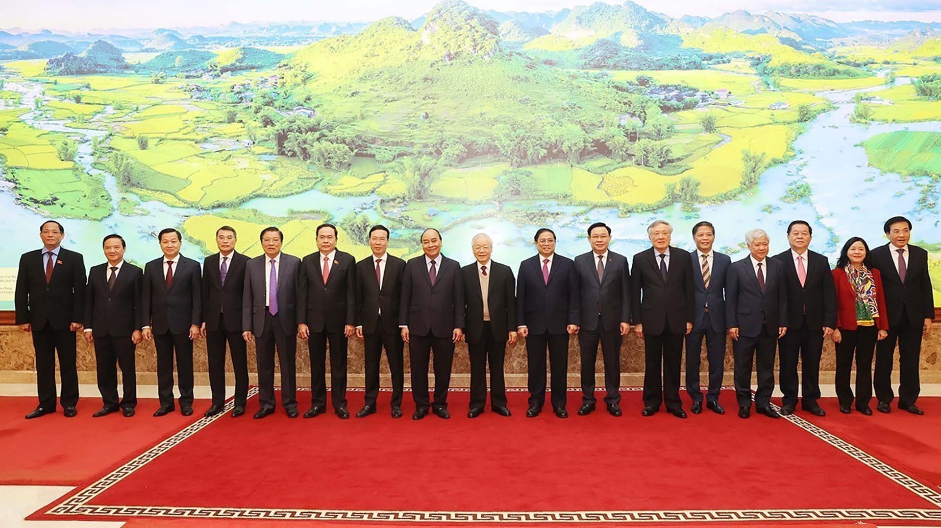 Tổng Bí thư Nguyễn Phú Trọng cùng các đồng chí lãnh đạo Đảng, Nhà nước và đại biểu dự hội nghị. . (Nguồn: TTXVN)
