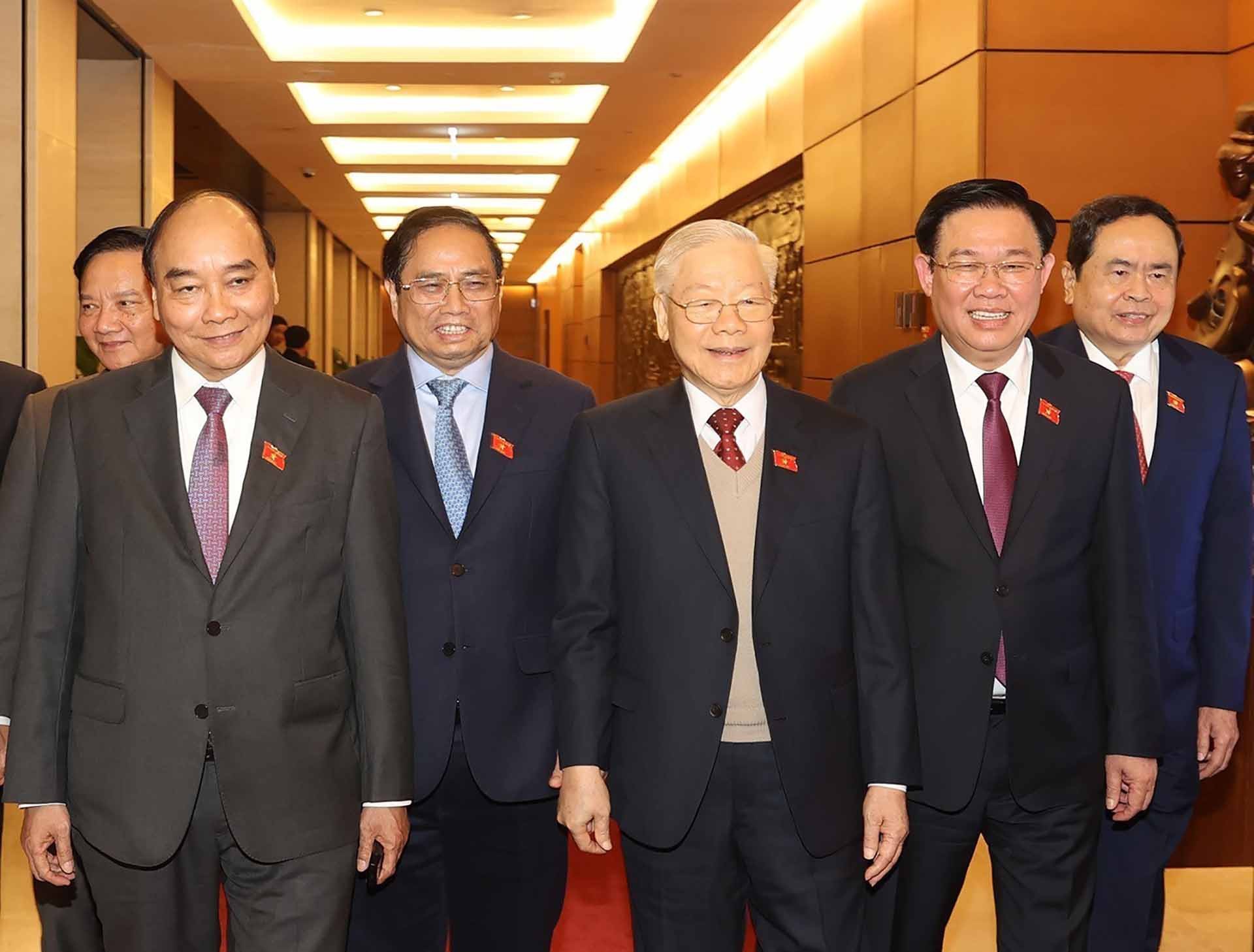 Tổng Bí thư Nguyễn Phú Trọng và các đồng chí lãnh đạo Đảng, Nhà nước dự phiên bế mạc Kỳ họp bất thường lần thứ hai. (Nguồn: TTXVN