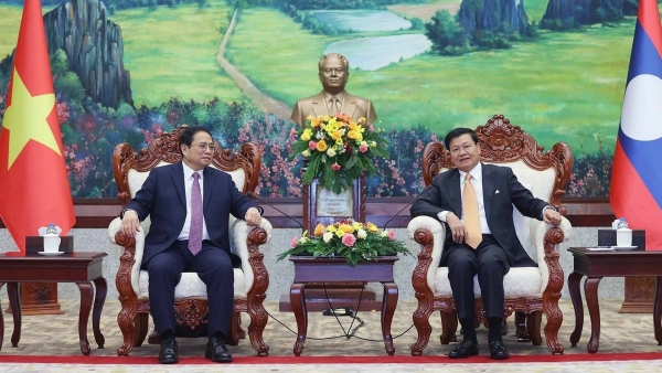 Thủ tướng Phạm Minh Chính chào Tổng Bí thư, Chủ tịch nước Lào Thongloun Sisoulith