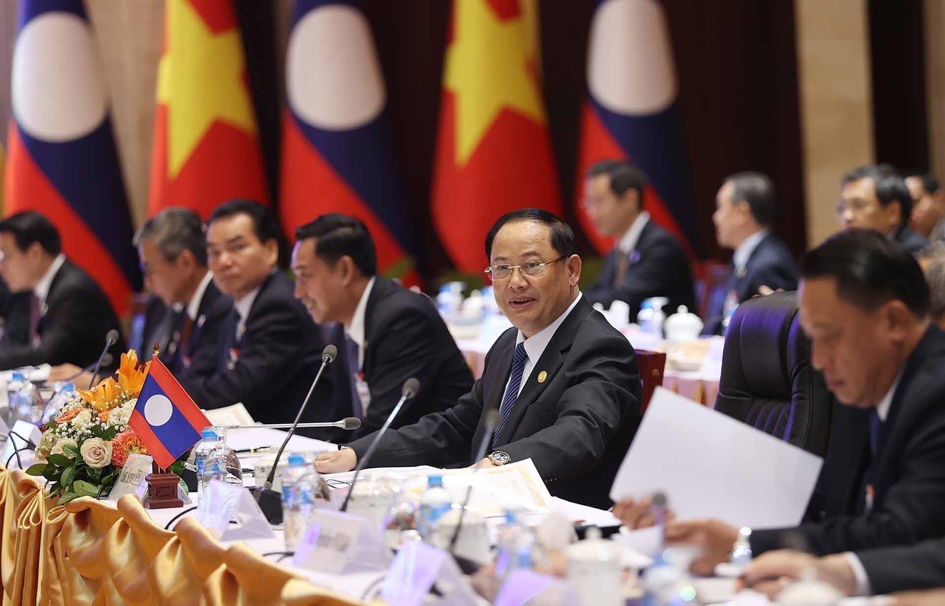 Thủ tướng Lào Sonexay Siphandone phát biểu tại Kỳ họp lần thứ 45 Ủy ban liên chính phủ Việt Nam-Lào. (Nguồn: TTXVN)