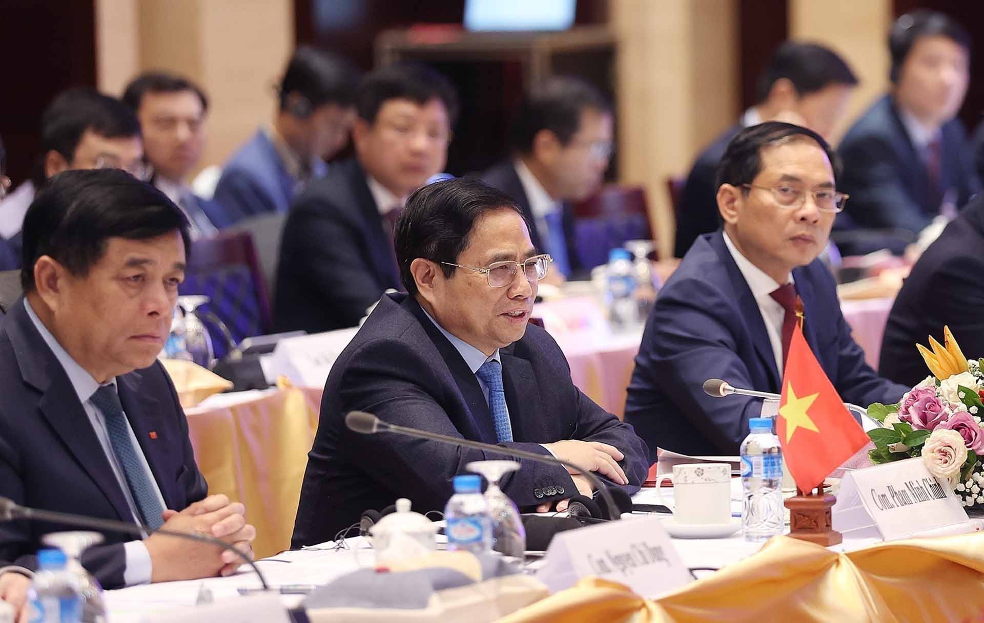 Thủ tướng Phạm Minh Chính phát biểu tại Kỳ họp lần thứ 45 Ủy ban liên chính phủ Việt Nam-Lào. (Nguồn: TTXVN)