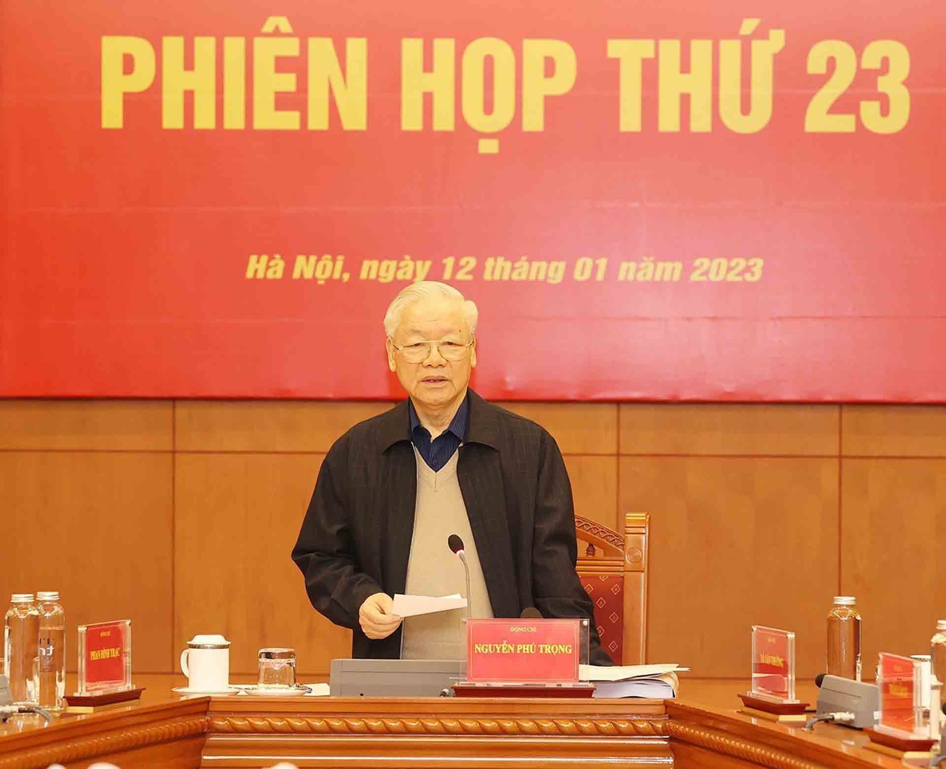 Tổng Bí thư Nguyễn Phú Trọng phát biểu kết luận cuộc họp. (Nguồn: TTXVN)