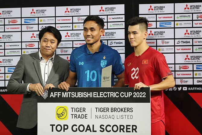 Tiến Linh và Teerasil Dangda cùng nhận giải vua phá lưới AFF Cup 2022. (Ảnh: Đức Đồng)