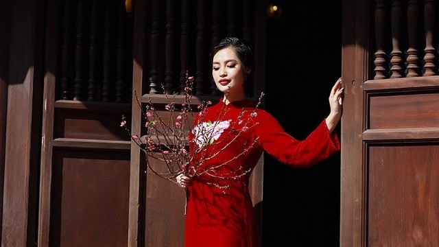 Hoa hậu Nông Thúy Hằng đẹp hiện đại và sắc sảo với áo dài nhung cách điệu ngày Tết