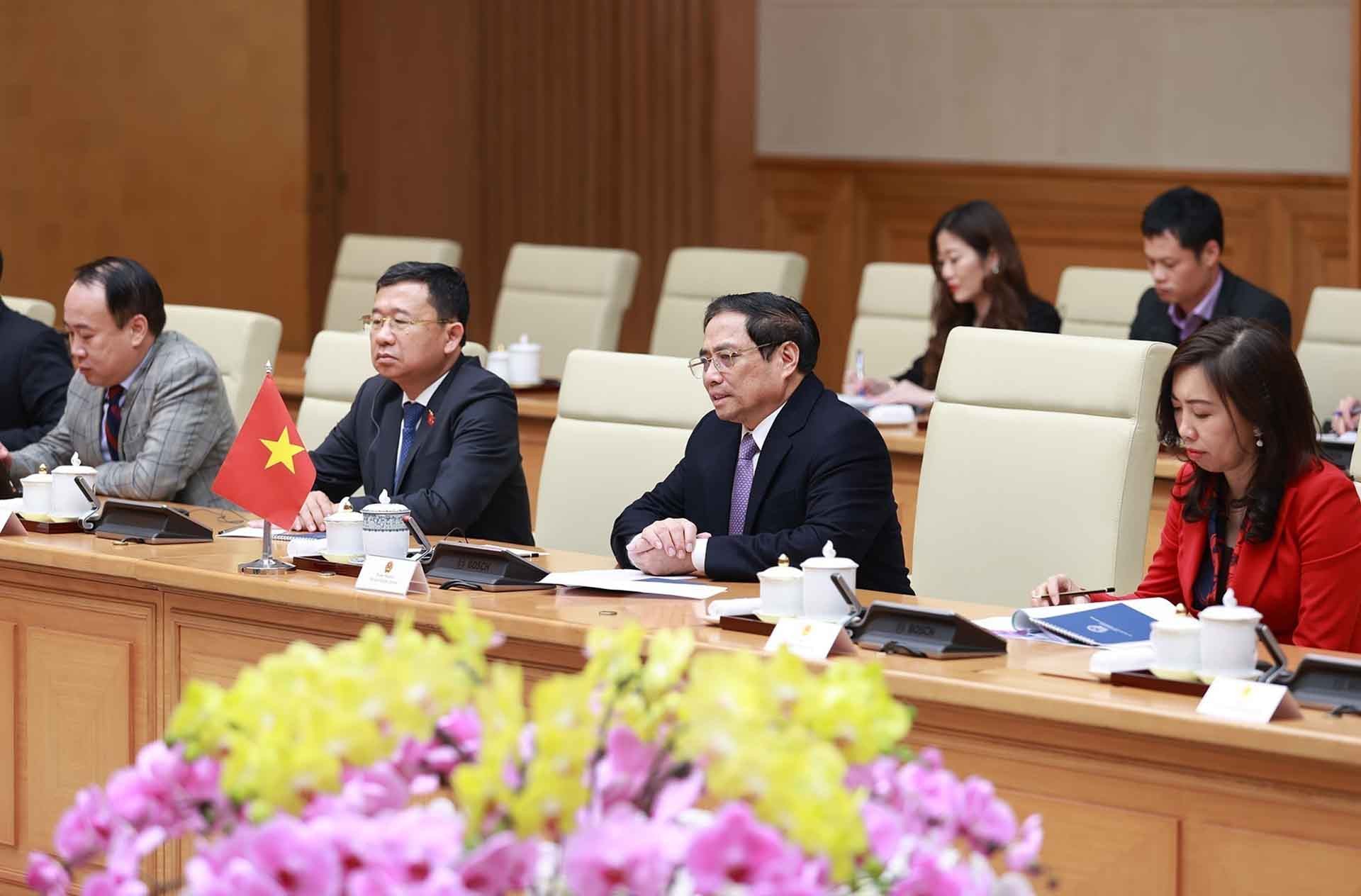 Thủ tướng Phạm Minh Chính phát biểu tại cuộc hội kiến Chủ tịch Quốc hội Hàn Quốc Kim Jin Pyo. (Nguồn: TTXVN)
