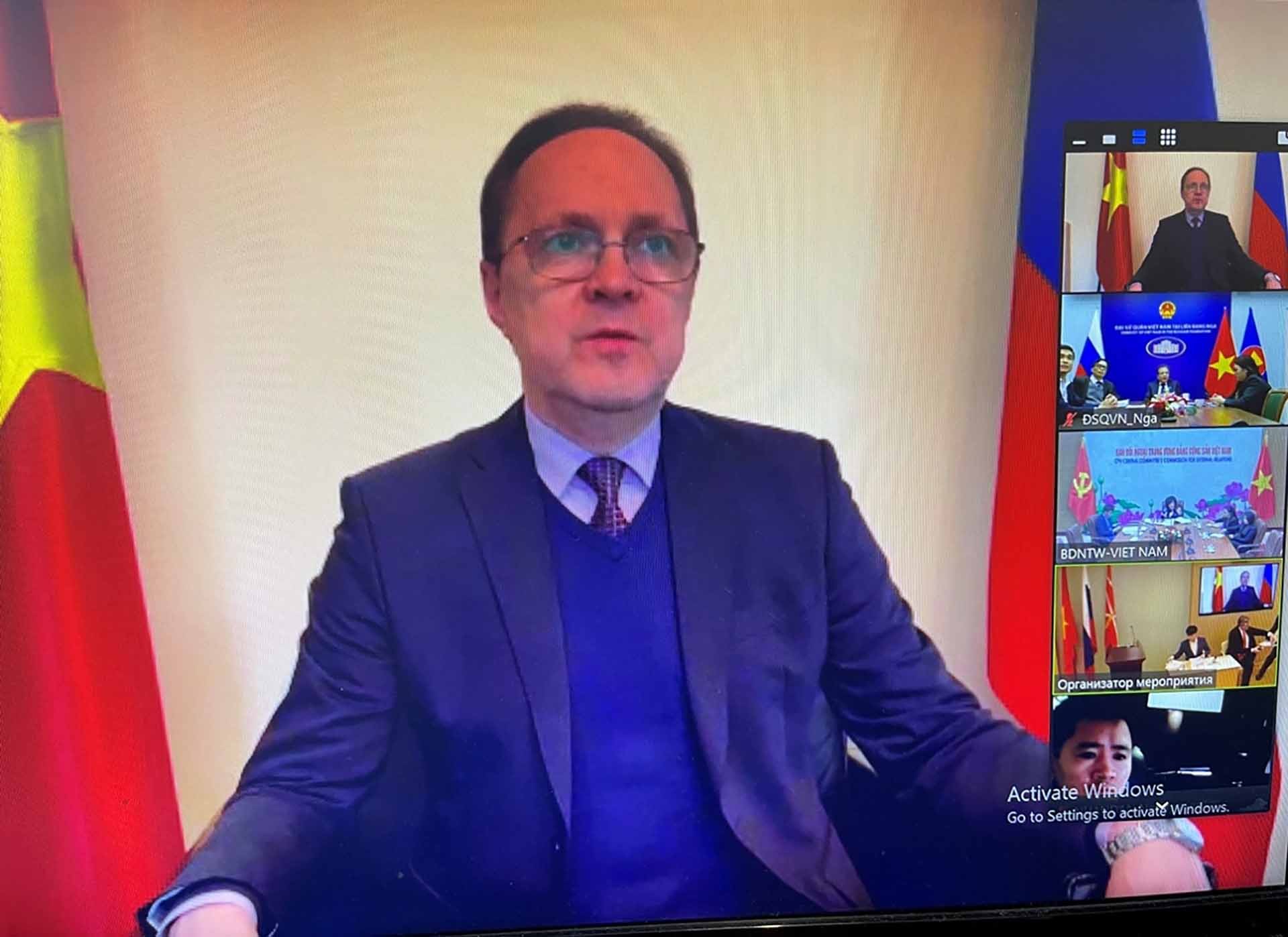 Đại sứ Nga tại Việt Nam G.Bedzetko tham gia qua video ghi hình. (Nguồn: VOV)
