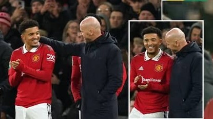 Man Utd vào chung kết Cup Liên đoàn Anh, khoảnh khắc đẹp giữa HLV Erik ten Hag và Jadon Sancho