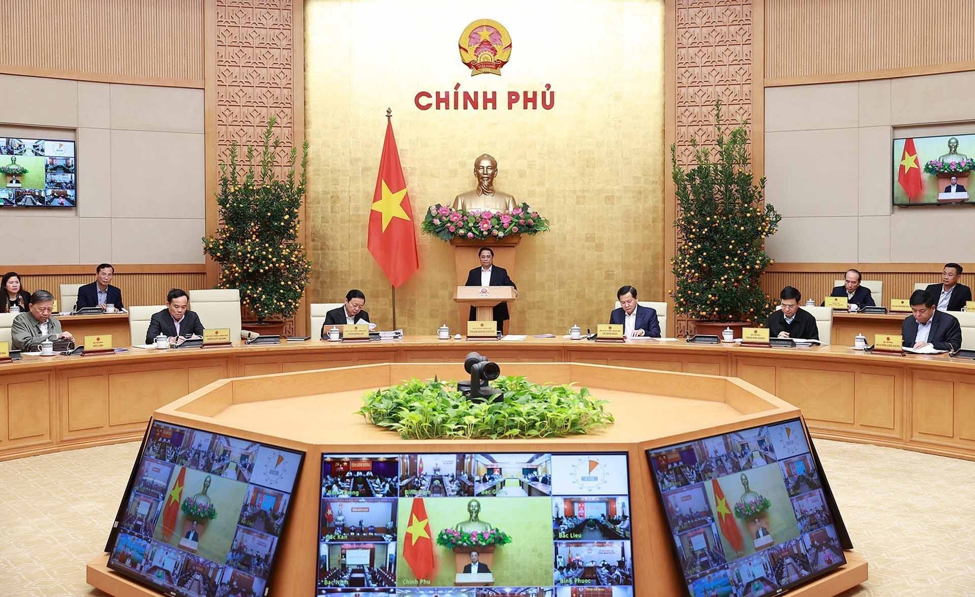 Thủ tướng Phạm Minh Chính chủ trì Phiên họp Chính phủ thường kỳ tháng 1 năm 2023 trực tuyến đến các địa phương. (Nguồn: TTXVN)