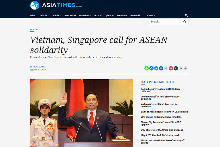 Báo Asia Times ngày 5/2 đưa tin về chuyến thăm chính thức của Thủ tướng Việt Nam Phạm Minh Chính tới Singapore.