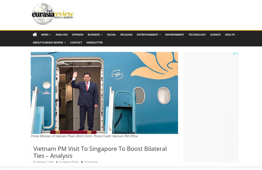 Bài phân tích của TS. Rajaram Panda về chuyến thăm Singapore của Thủ tướng Phạm Minh Chính trên trang Eurasia-Review. (Ảnh chụp màn hình)