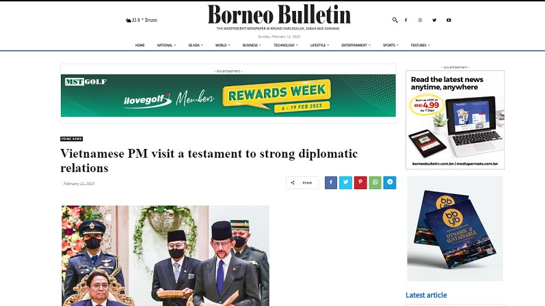 Báo Brunei: Chuyến thăm của Thủ tướng Phạm Minh Chính phản ánh mối quan hệ chặt chẽ giữa hai nước