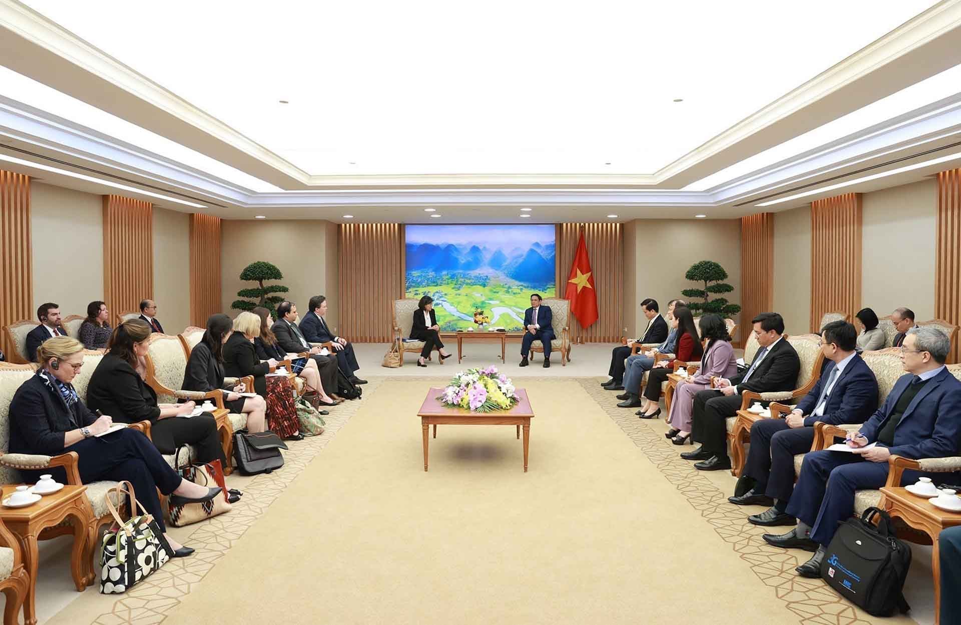 Thủ tướng Phạm Minh Chính tiếp bà Katherine Tai, Đại diện Thương mại Hoa Kỳ. (Nguồn: TTXVN)