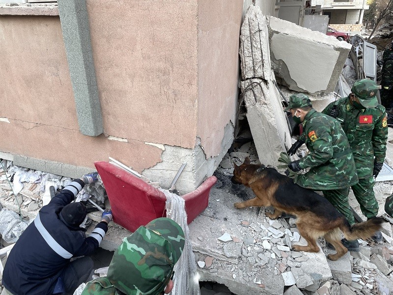 (02.14) Các chiến sĩ thuộc đoàn cứu nạn, cứu hộ QĐND Việt Nam, với sự trợ giúp của chó nghiệp vụ và các lực lượng địa phương, nỗ lực đưa thi thể nạn nhân ra ngoài. (Nguồn: QPVN)