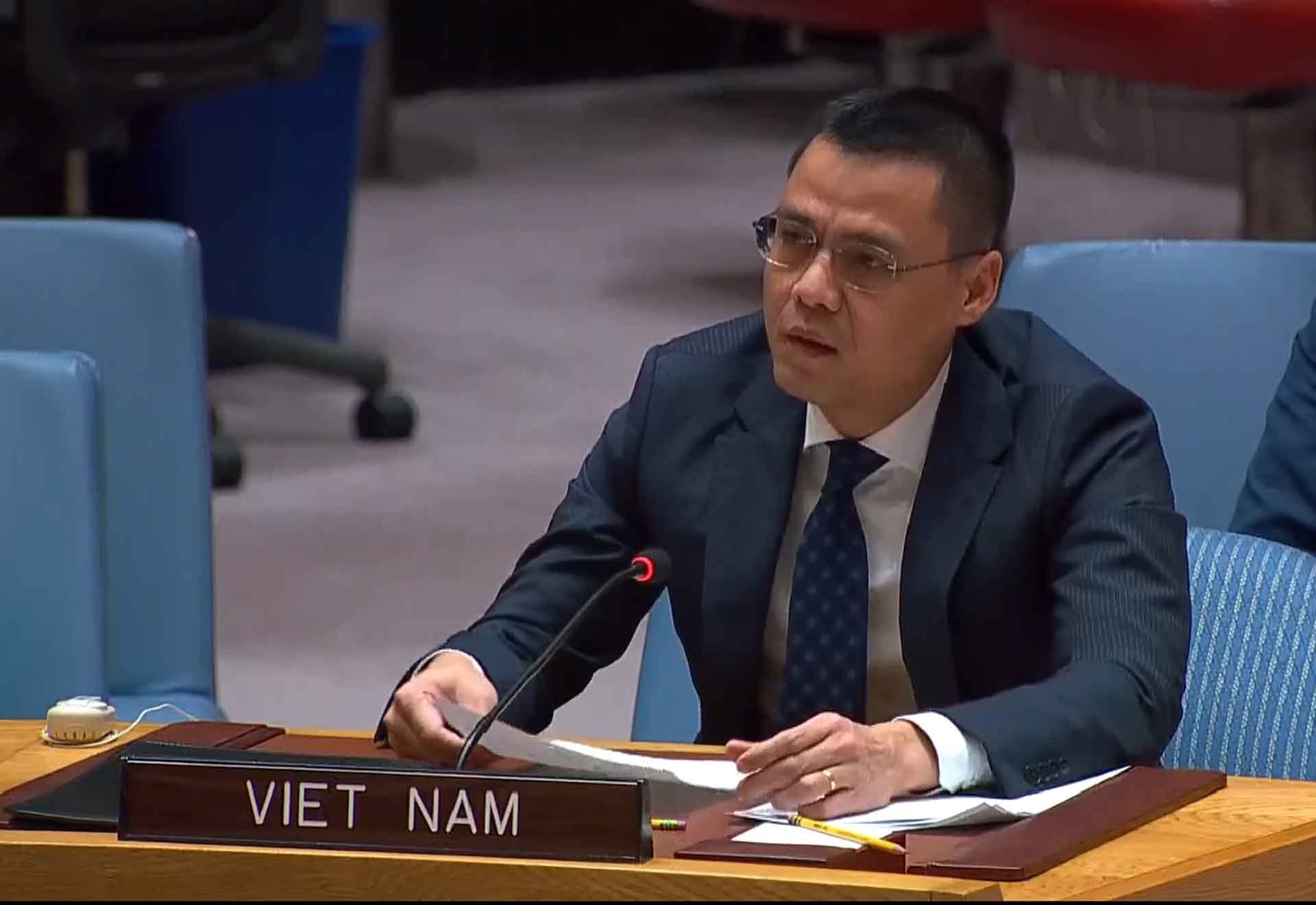 Đại sứ Đặng Hoàng Giang, Trưởng Phái đoàn Việt Nam tại LHQ phát biểu tại phiên thảo luận.