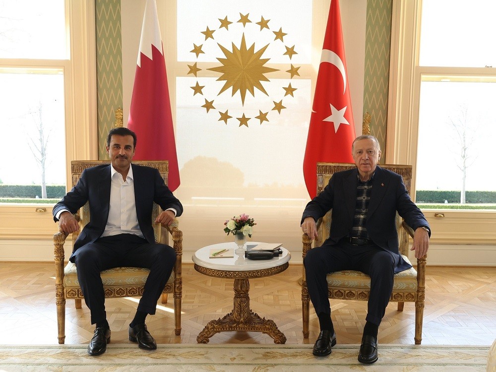 Tổng thống Thổ Nhĩ Kỳ Recep Tayyip Erdoğan (phải) và Quốc vương Qatar Sheikh Tamim bin Hamad Al Thani tại thủ đô Istanbul ngày 12/2. (Nguồn: AA)