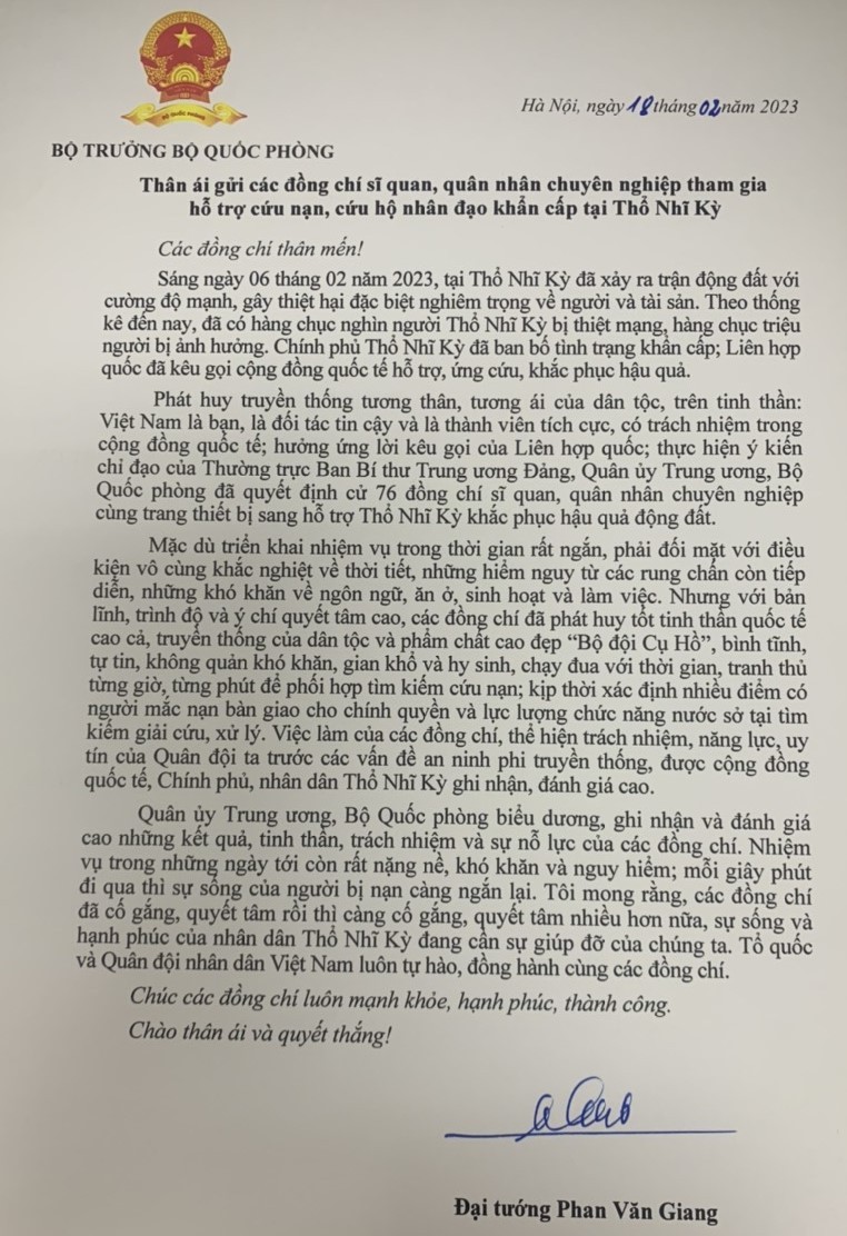 Bộ trưởng Quốc phòng động viên lực lượng cứu nạn, cứu hộ của Quân đội nhân dân Việt Nam tại Thổ Nhĩ Kỳ