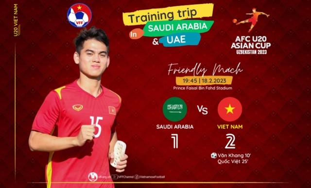 Trong trận giao hữu với U20 Saudi Arabia, Khuất Văn Khang đã ghi 1 bàn thắng và 2 pha kiến tạo thành bàn trong chiến thắng 2-1 của U20 Việt Nam - Ảnh: VFF